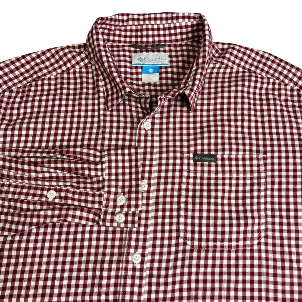 Columbia Mens XL Gingham Button Down Shirt Burgundy White Long Sleeve